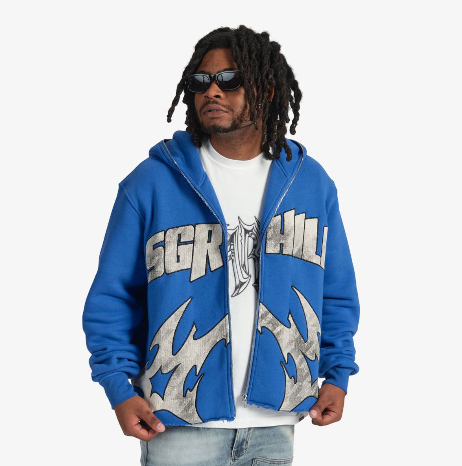 SUGARHILL “KATANA” RAW HEM ZIP HOODIE (BLUE)