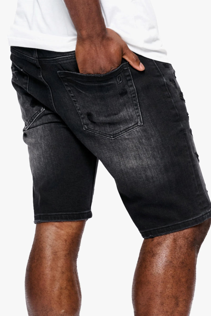 ANOM OBSIDIAN BLACK WASH DENIM SHORTS.