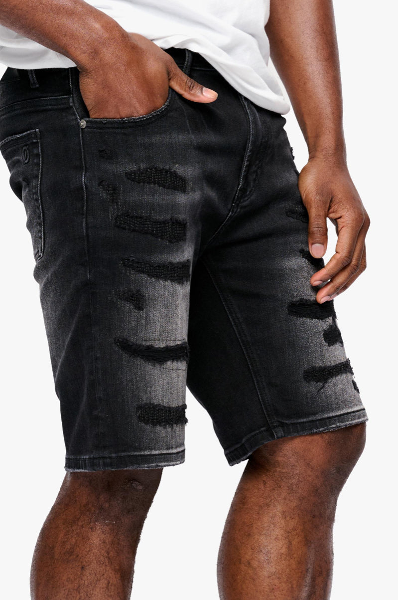 ANOM OBSIDIAN BLACK WASH DENIM SHORTS.