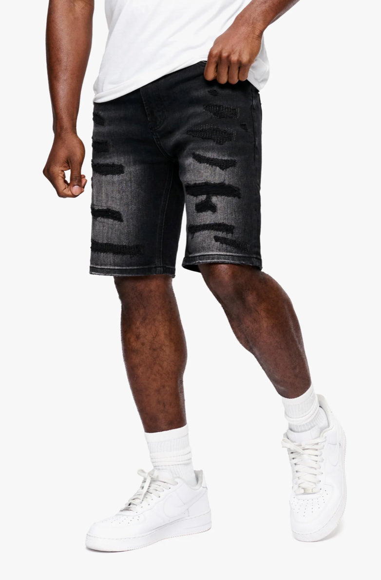 ANOM OBSIDIAN BLACK WASH DENIM SHORTS.