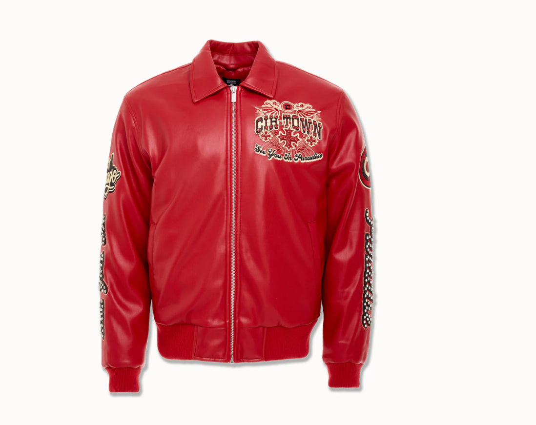 SEE YOU IN PARADISE WINDY CITY VARSITY JACKET (RED)