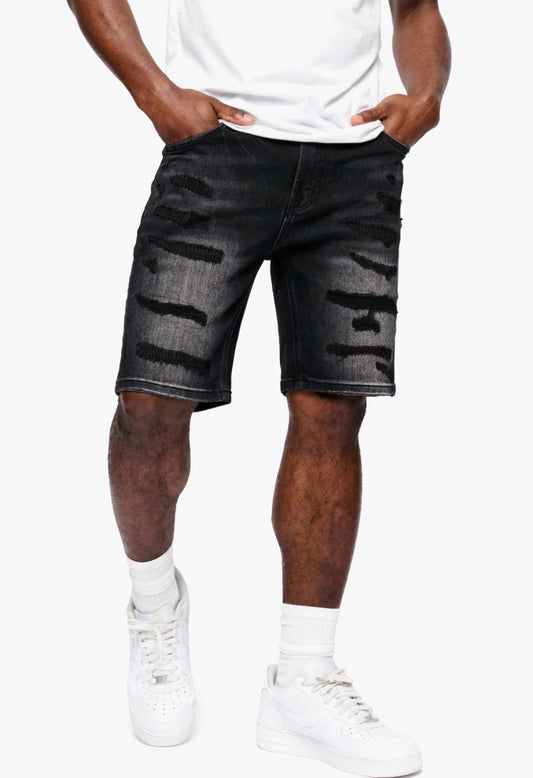 ANOM OBSIDIAN BLACK WASH DENIM SHORTS.