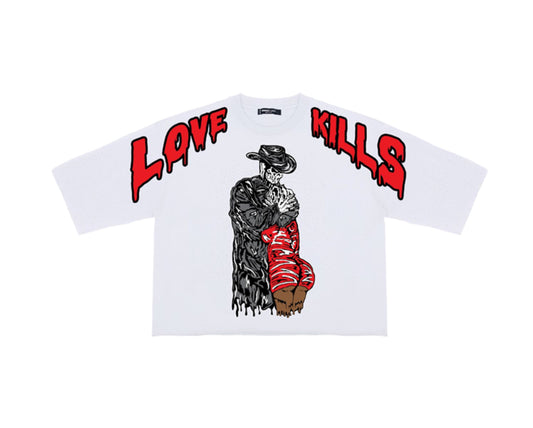 ROKU LOVE KILLS CROPPED DROP SHOULDER TEE WITH RHINESTONE DETAILS