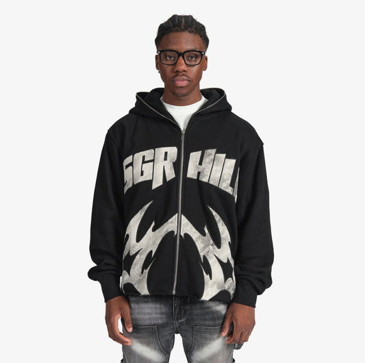 SUGARHILL “KATANA” RAW HEM ZIP HOODIE (BLACK)