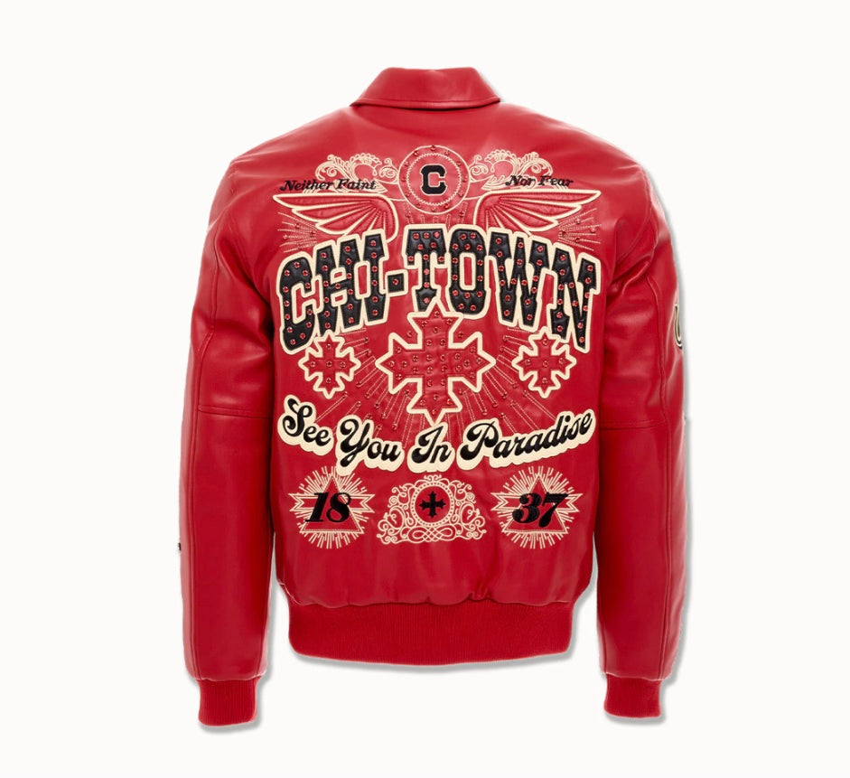 SEE YOU IN PARADISE WINDY CITY VARSITY JACKET (RED)