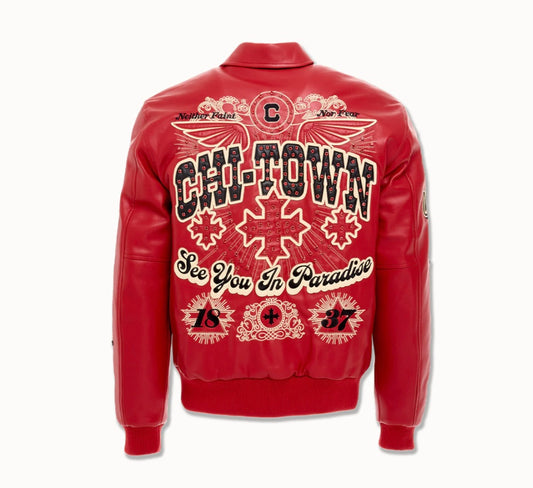 SEE YOU IN PARADISE WINDY CITY VARSITY JACKET (RED)